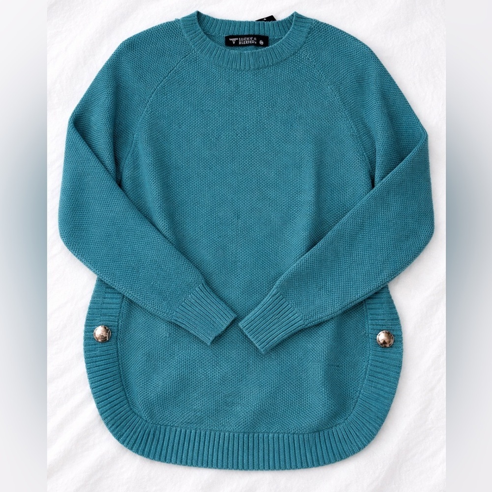 Lucky & Blessed Teal Knit Sweater Small Snap Button Hem Cozy Pullover Boho